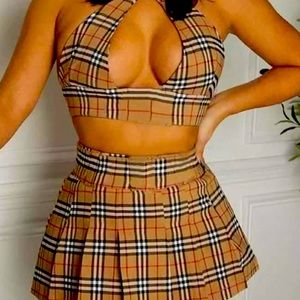 Brown and beige plaid extra-large skirt and top fits like a medium or small